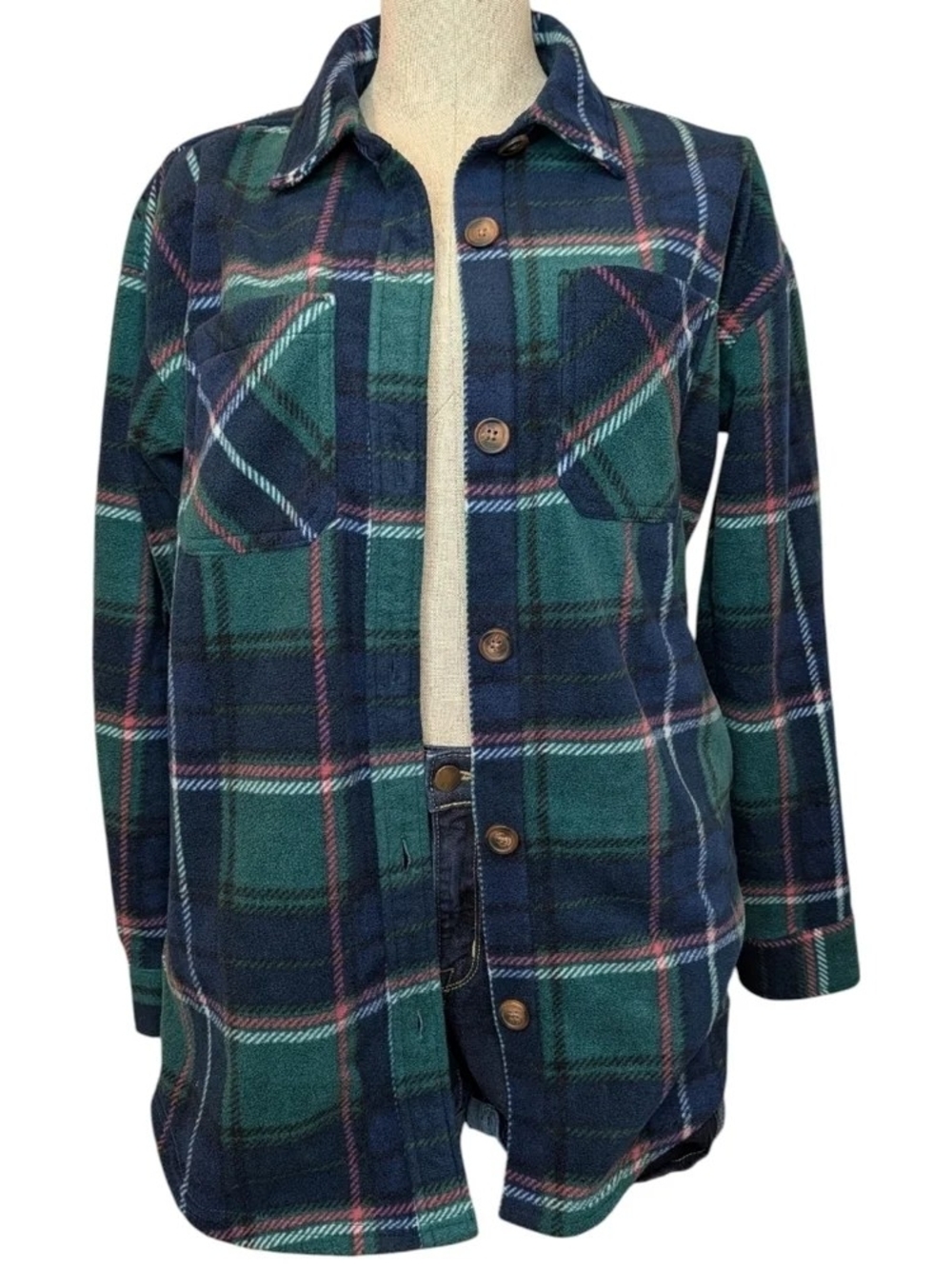 Maurices Plush Green & Navy Plaid Jean Shacket